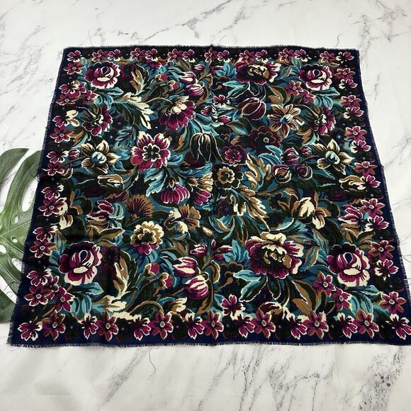 Axcess Vintage 90s Wool Square Scarf Navy Blue Pink Floral Fray Trim Large Japan - Picture 2 of 3
